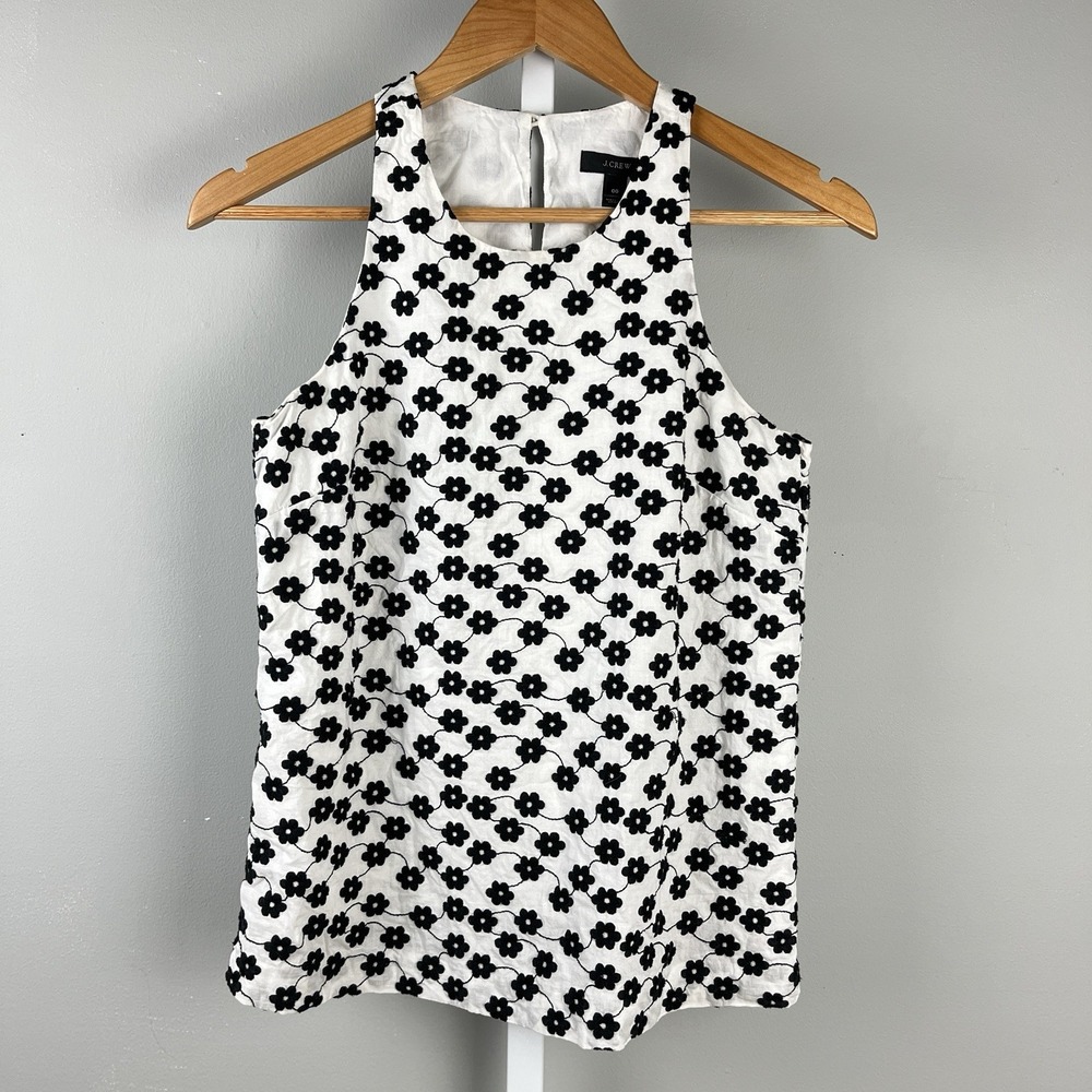 J. Crew Tank Top Shirt Womens Size 00 White Black Flower Embroidered Sleeveless‎